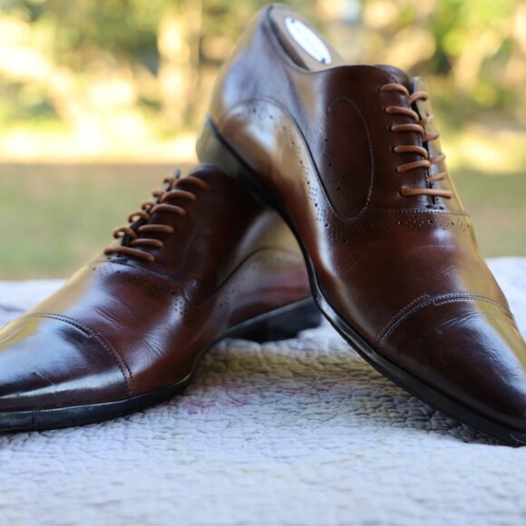 Santoni 9-D Italian Brown Cap Toe Oxford Mens Dress Shoes - Picture 5 of 13